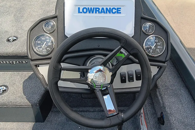 Slide: The Image of Steering wheel and dashboard of 2025 Ranger RT188P boat with Lowrance display. - 11