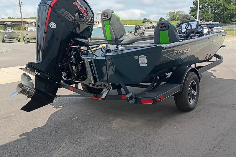 Slide: The Image of 2025 Ranger RT188P boat with Mercury Pro XS engine, parked on a trailer. - 4