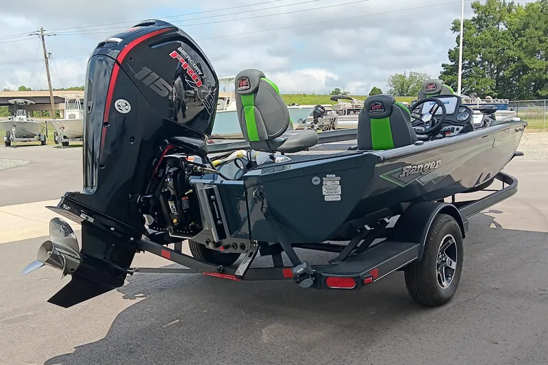 Slide: The Image of 2025 Ranger RT188P boat with Mercury Pro XS engine, parked on a trailer. - 6