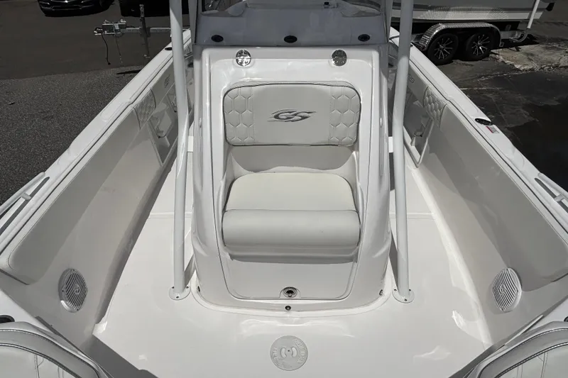 Slide: The Image of 2025 Glasstream 240 CCX boat interior with white seating and sleek design. - 10