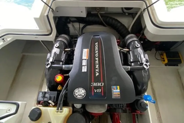 Slide: The Image of 2015 Cobalt R7 boat engine, Volvo Penta 380 V8, in engine compartment. - 12