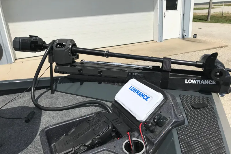 Slide: The Image of 2026 Ranger RT198P boat with Lowrance Ghost trolling motor on trailer. - 10