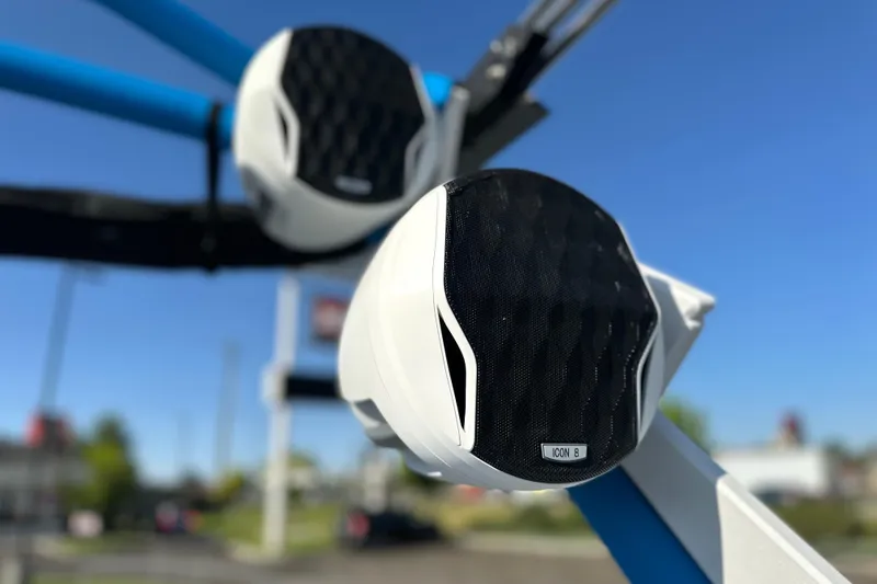 Slide: The Image of Close-up of Icon 8 speakers on 2025 Malibu Wakesetter 23 LSV boat. - 16