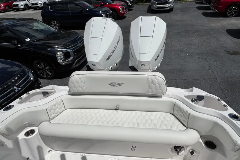 Slide: The Image of 2026 Glasstream 280 Pro-XS boat with dual Mercury engines and luxurious seating. - 28