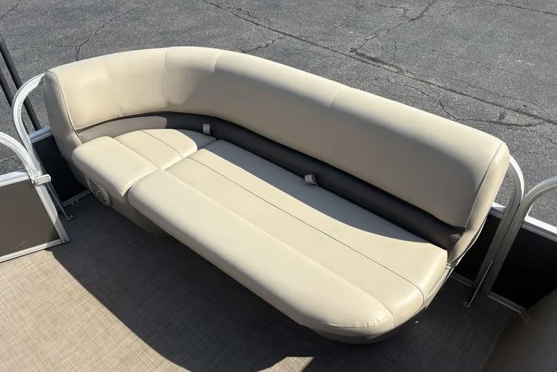 Slide: The Image of 2021 Sun Tracker Party Barge® 18 DLX pontoon boat seating, beige upholstery, outdoor setting. - 7