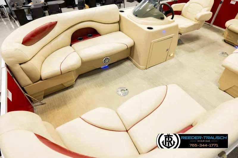 Slide: The Image of Luxurious interior of 2017 Sylvan 818 Mirage CR pontoon boat with plush seating. - 10