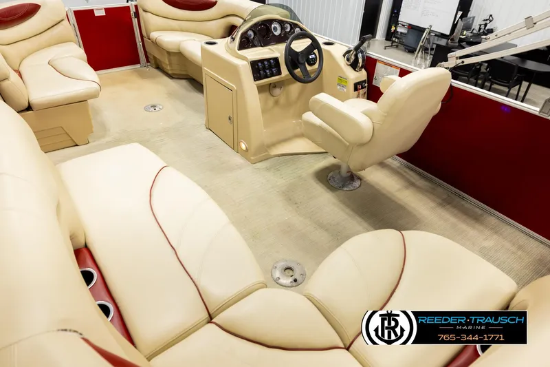 Slide: The Image of Luxurious interior of 2017 Sylvan 818 Mirage CR pontoon boat with plush seating. - 11