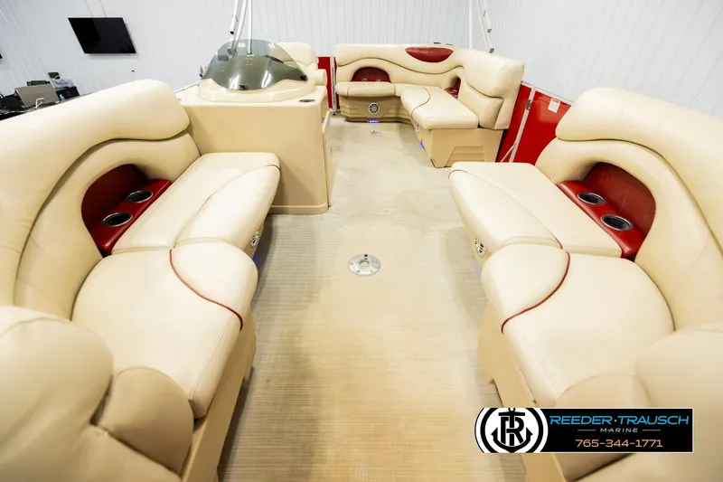 Slide: The Image of Luxurious interior of 2017 Sylvan 818 Mirage CR pontoon boat with plush seating. - 13