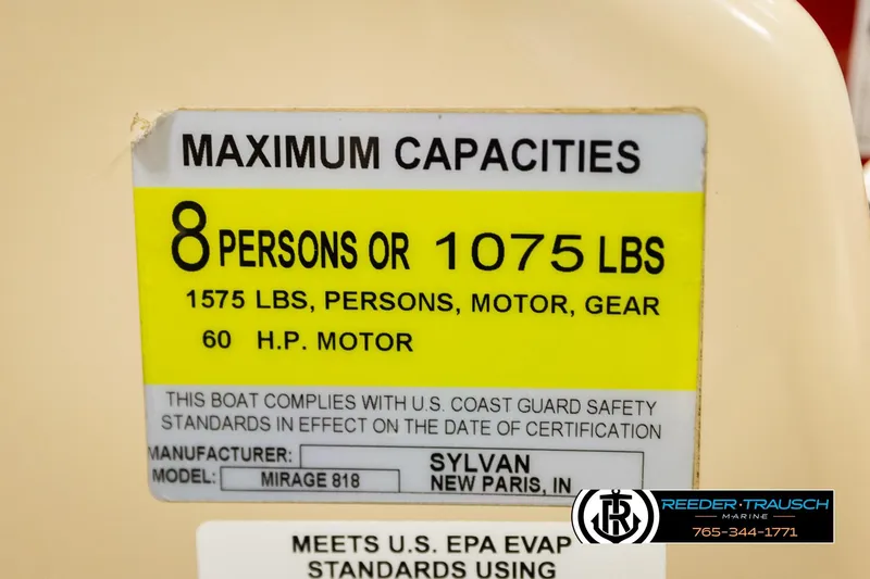 Slide: The Image of 2017 Sylvan 818 Mirage CR capacity label: 8 persons or 1075 lbs, 60 HP motor. - 44