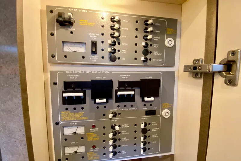 Slide: The Image of Control panel of a 2004 Formula 37 PC boat, featuring 12V DC and 120V AC systems. - 32