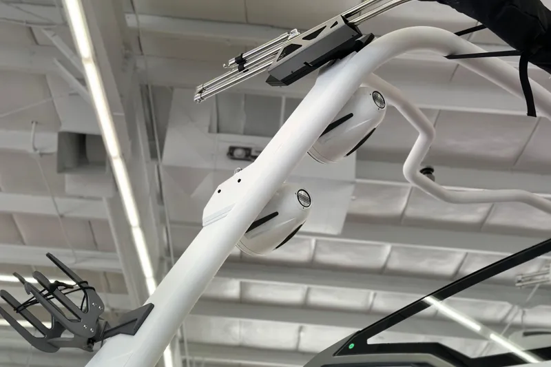 Slide: The Image of 2026 Malibu Wakesetter 25 LSV boat tower with speakers and wakeboard rack. - 32