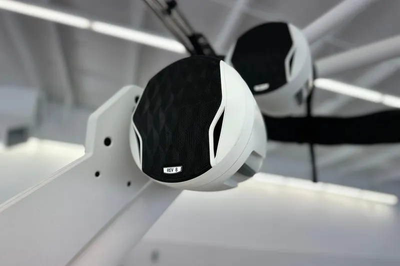 Slide: The Image of Close-up of Rev 8 speakers on 2026 Malibu Wakesetter 25 LSV boat. - 33