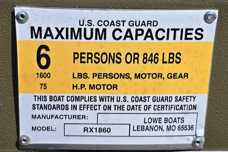 Slide: The Image of U.S. Coast Guard capacity label for 2022 Lowe Roughneck RX1860 Rambler boat. - 10