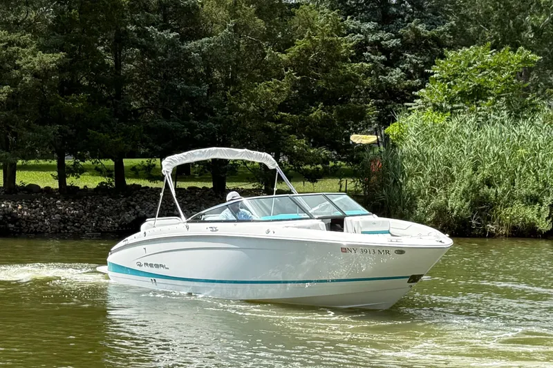 The Image of 2020 Regal LS4 boat cruising on a serene lake surrounded by lush greenery. - 0