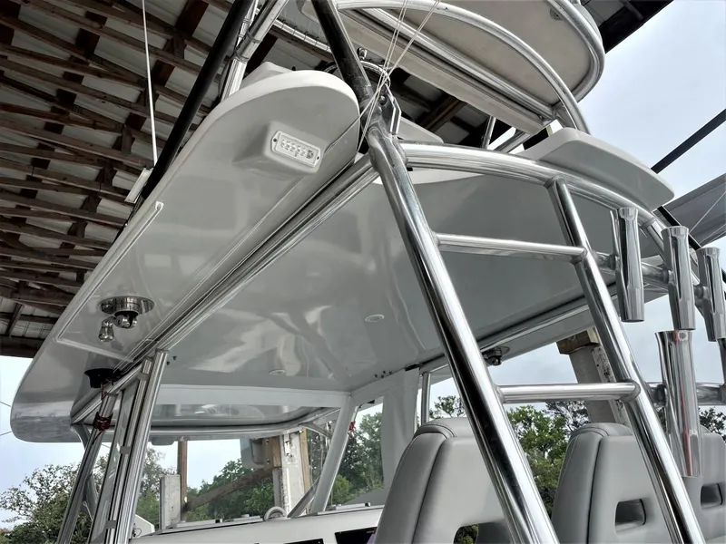 Slide: The Image of 2020 Front Runner 39 Center Console boat with sleek design and sturdy metal framework. - 41