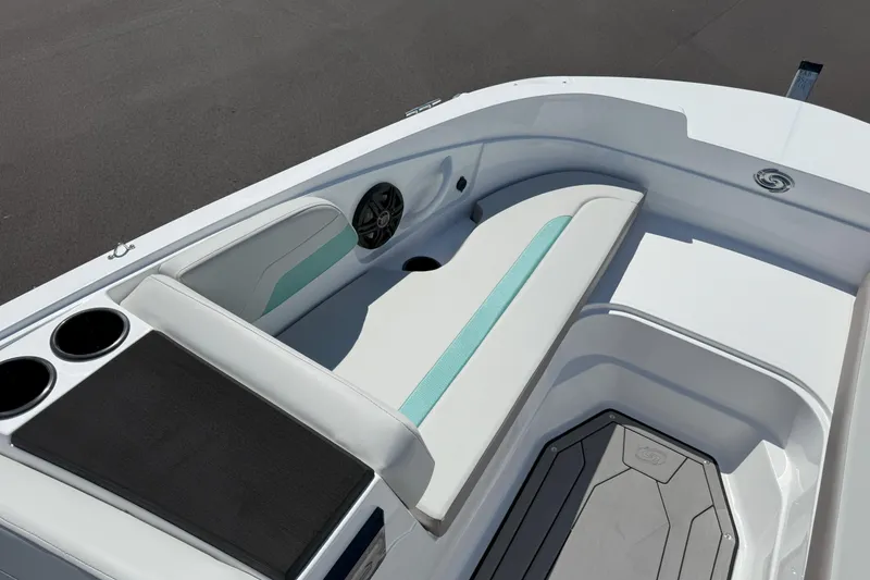 Slide: The Image of 2026 Hurricane SunDeck Sport 185 OB boat interior with cushioned seating and cup holders. - 11