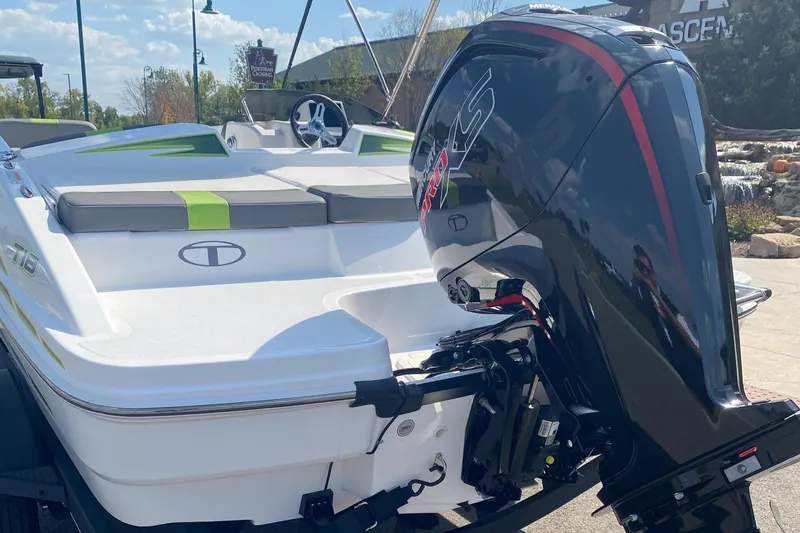 Slide: The Image of 2024 Tahoe T18 boat with powerful outboard motor, sleek design, and comfortable seating. - 5