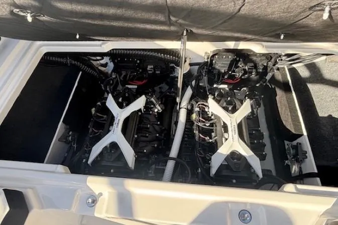 Slide: The Image of 2026 Yamaha Boats 222S engine compartment with dual engines, showcasing advanced marine technology. - 18