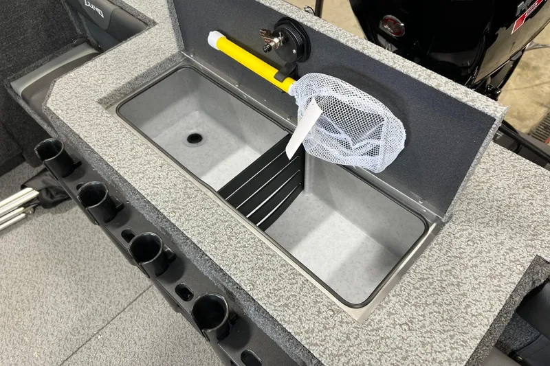 Slide: The Image of 2026 Lund 1875 Fisherman boat livewell with net and rod holders. - 17