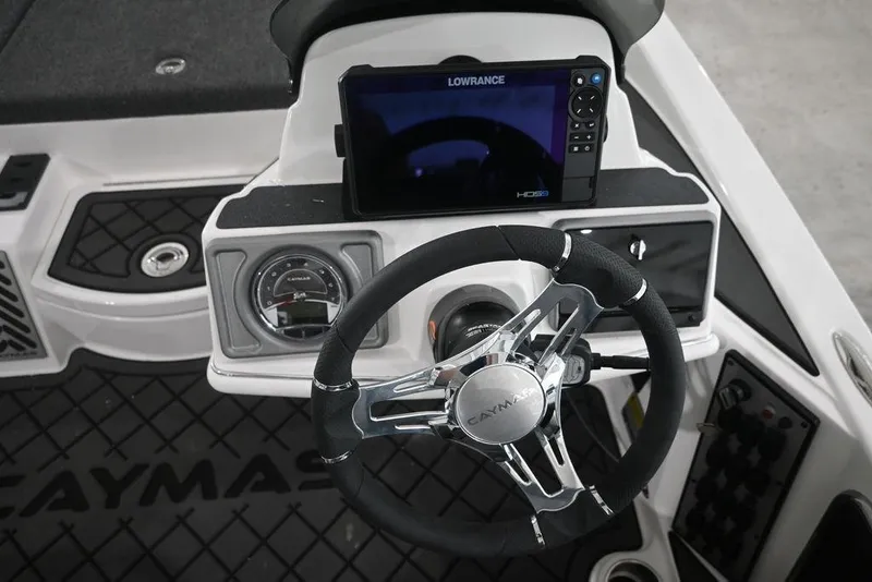 Slide: The Image of Steering console of 2026 Caymas CX19 PRO boat with Lowrance display and gauges. - 9