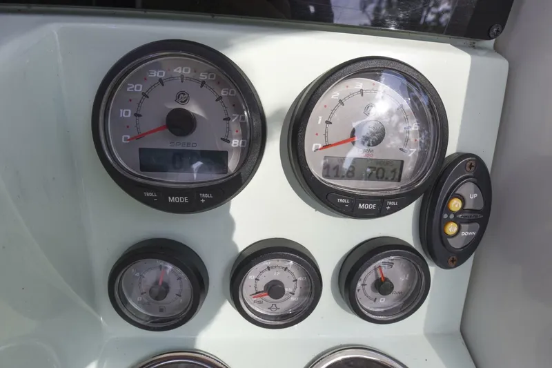 Slide: The Image of Dashboard of 2022 Ranger 2360 Bay boat with speed and RPM gauges. - 71