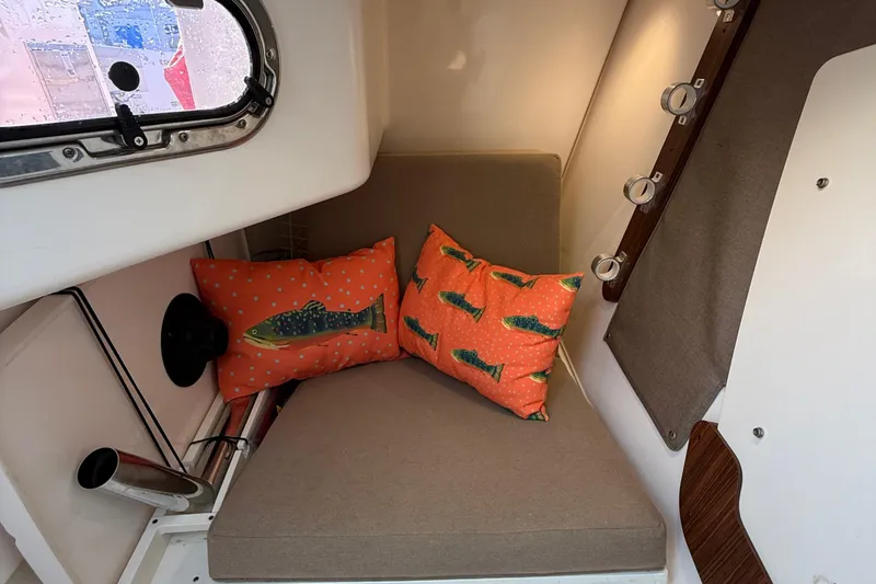 Slide: The Image of Cozy cabin interior of 2016 Pursuit DC 325 Dual Console with fish-themed pillows. - 47