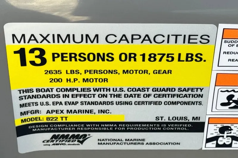 Slide: The Image of Maximum capacity label for Apex Qwest 822, 2023 model, 13 persons or 1875 lbs. - 24