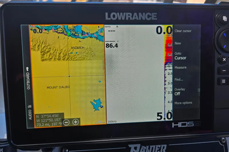 Slide: The Image of Lowrance HDS9 marine GPS displaying map and sonar data on Raider 210.Explorer, 2021 model. - 11
