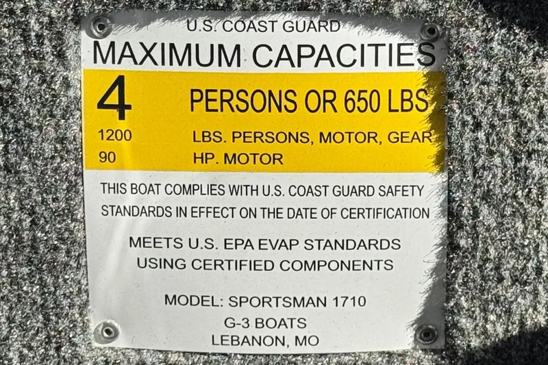 Slide: The Image of 2023 G3 SPORTSMAN 170 capacity label: 4 persons, 650 lbs, 90 HP motor compliance. - 21