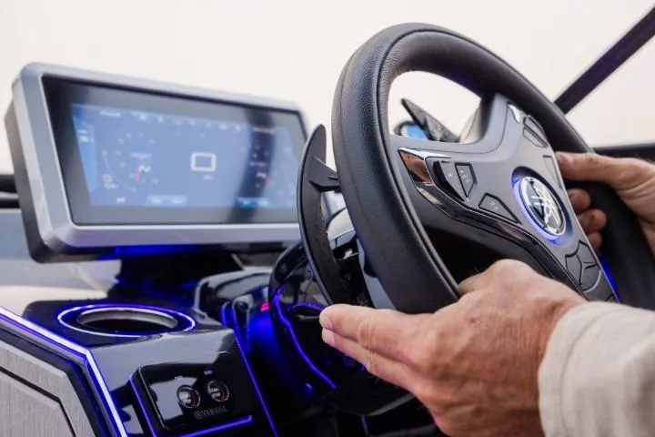 Slide: The Image of 2026 Yamaha Boats 252SD dashboard with steering wheel and digital display. - 36