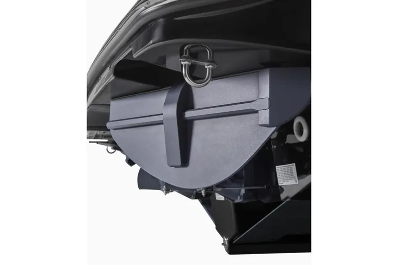 Slide: The Image of 2026 Yamaha Boats 255XD on trailer, rear view showing dual engines and sleek design. - 4