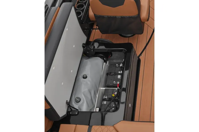 Slide: The Image of 2026 Yamaha Boats 255XD interior with tan seating and modern design. - 7