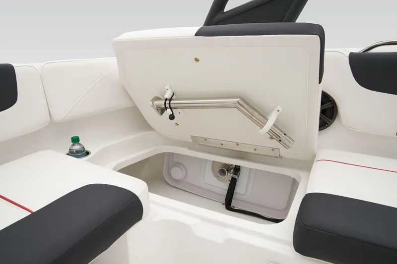 Slide: The Image of Manufacturer Provided Image: 2025 Tahoe 2150 boat interior storage compartment with open hatch and seating. - 28