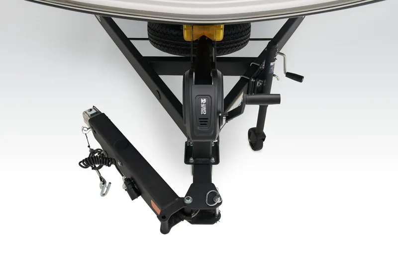 Slide: The Image of Manufacturer Provided Image: Trailer hitch and jack of 2025 Tahoe 2150 boat, featuring safety chains and wheel. - 36