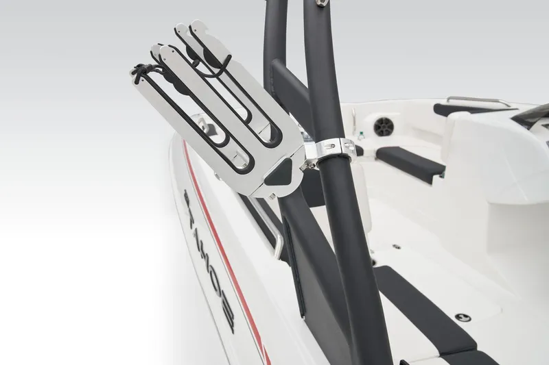Slide: The Image of Manufacturer Provided Image: 2025 Tahoe 2150 boat with sleek black and white design, featuring a modern wakeboard rack. - 41
