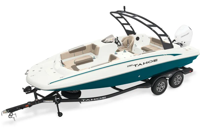 Slide: The Image of Manufacturer Provided Image: 2025 Tahoe 2150 boat on trailer, white and teal design, sleek and modern. - 9