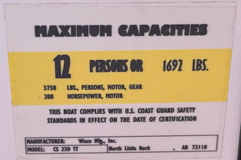 Slide: The Image of Aloha Pontoon 230, 2022 model, maximum capacity: 12 persons or 1692 lbs. - 22