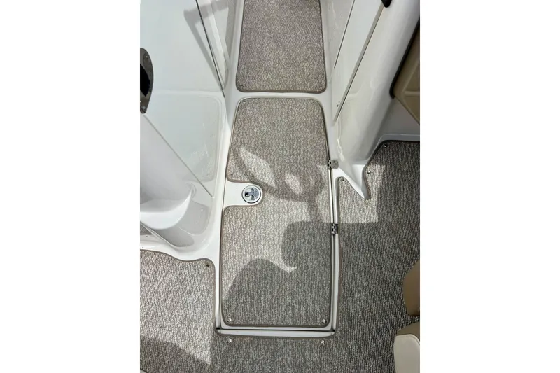 Slide: The Image of 2008 Searay SX 232 boat interior with carpeted flooring and storage compartment. - 19