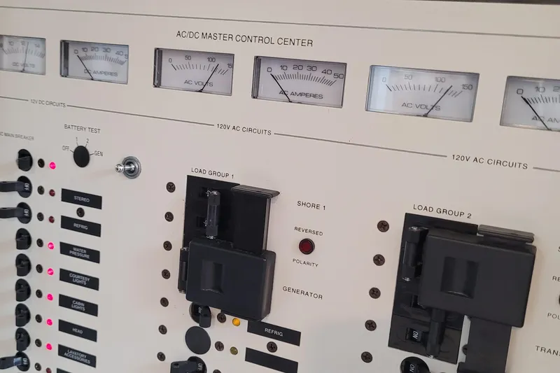Slide: The Image of Control panel of a 1997 Wellcraft 330 Coastal boat, featuring AC/DC gauges and switches. - 26