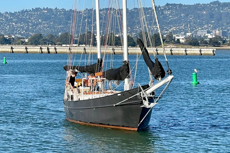 Slide: The Image of Sailboat "Pinky Custom 2008" on calm water with scenic city backdrop. - 4