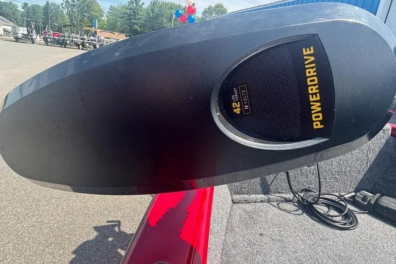 Slide: The Image of PowerDrive motor on 2026 Tracker SG V16 SC boat, outdoor display setting. - 6