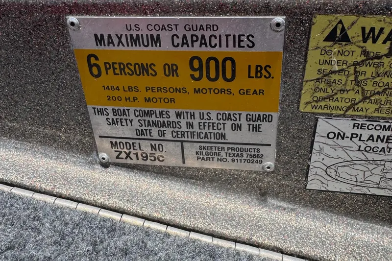 Slide: The Image of 1999 Skeeter ZX 195 capacity plate showing U.S. Coast Guard safety standards and weight limits. - 14
