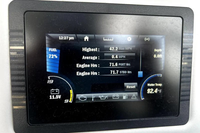Slide: The Image of Yamaha SX210 2020 dashboard display showing fuel, speed, engine hours, and water temperature. - 45