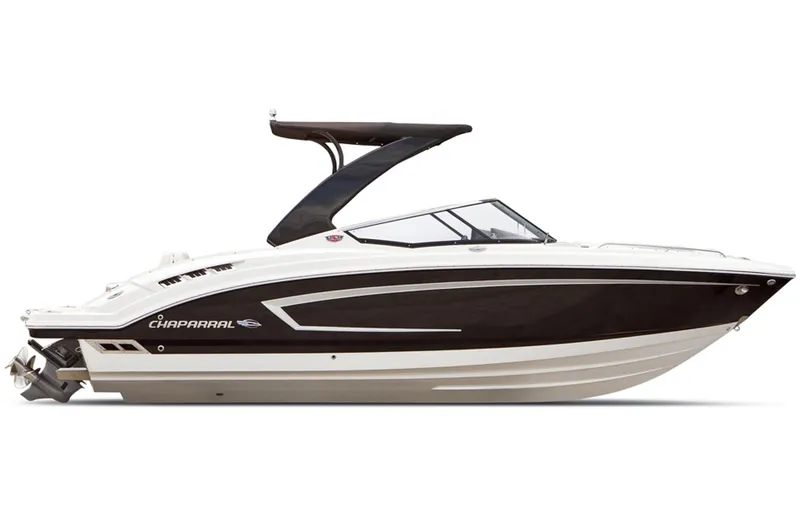 Slide: The Image of 2013 Chaparral 257 SSX boat, side view, black and white hull, sleek design. - 22