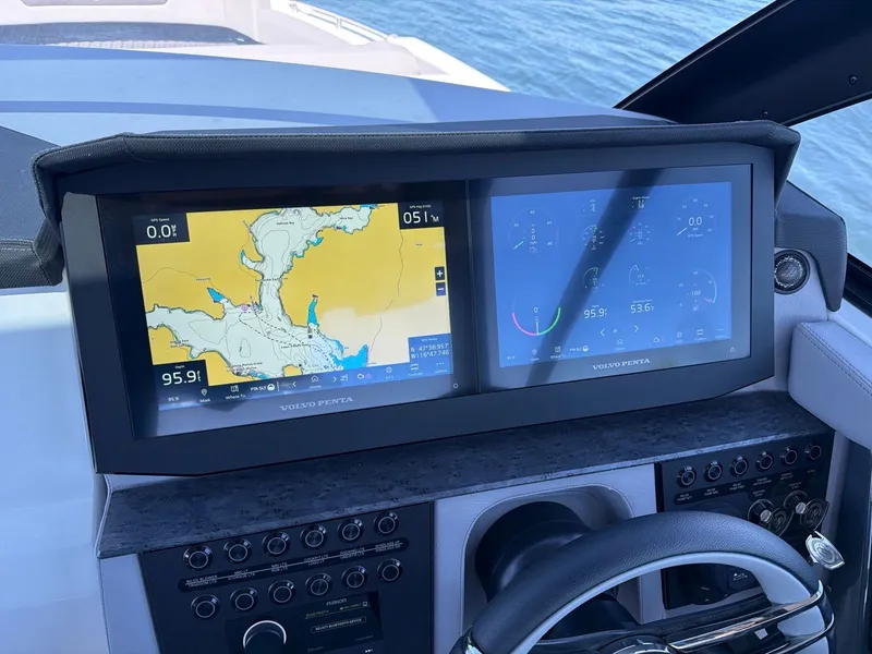 Slide: The Image of Cobalt R31 2026 boat console with navigation screen. - 32
