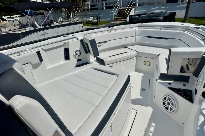 Slide: The Image of 2021 Blackfin 332 CC boat interior with spacious seating and modern design. - 28