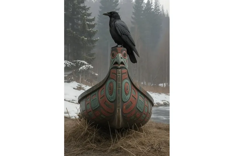 Slide: The Image of A crow perched on a decorative boat prow in a snowy forest setting. - 20
