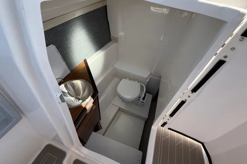 Slide: The Image of Compact bathroom in 2026 Solara S-250 DC boat with sink and toilet. - 11