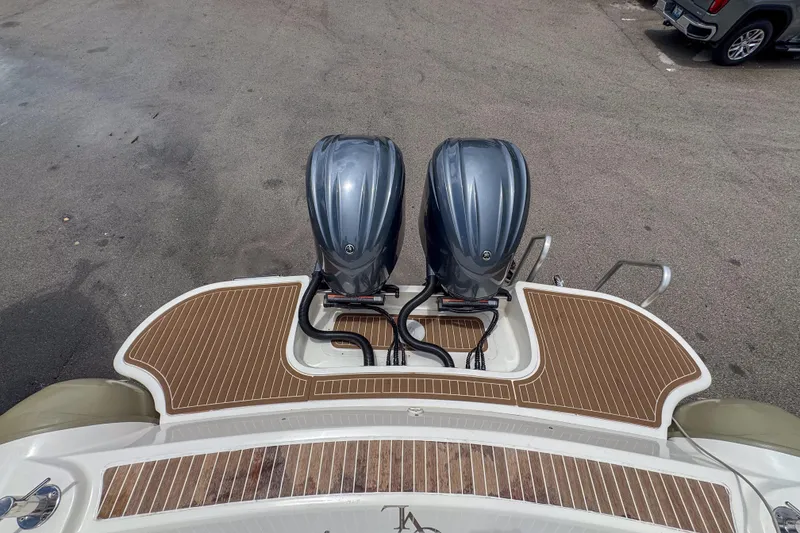 Slide: The Image of Top view of 2023 Tender Impertus 36 boat with dual outboard motors. - 16