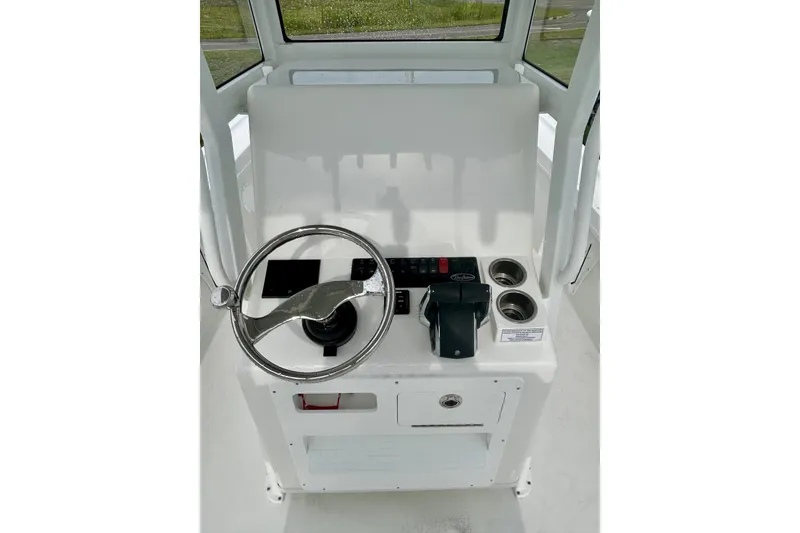 Slide: The Image of 2026 Pair Customs 27 Center Console boat with dual outboard engines, rear view. - 18